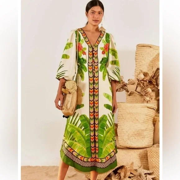 🎉Host pick 🎉NWT Farm Rio Fresh Forest Linen-Blend Midi-Dress - Picture 1 of 13